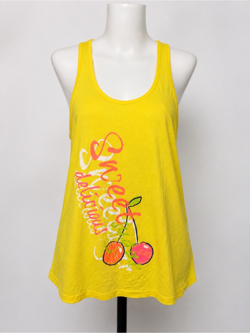 No Boundaries Large Yellow Racerback Tank Top Lace Back Cherry Graphic